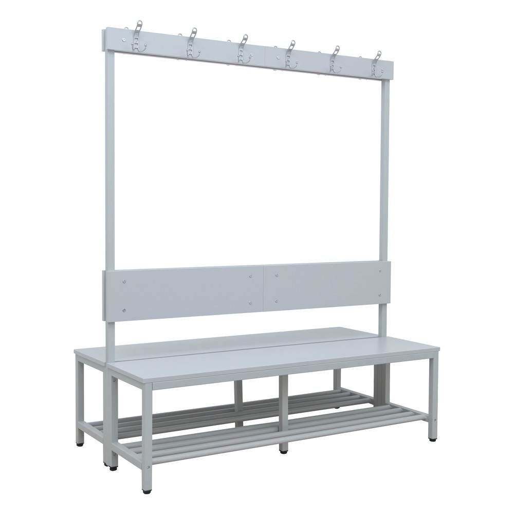 N° de l'image du produit 1 : HEMMDAL Banc de vestiaire HUB-1, utilisable des 2 côtés, avec barre à patères et grille porte-chaussures, longueur 1 500 mm