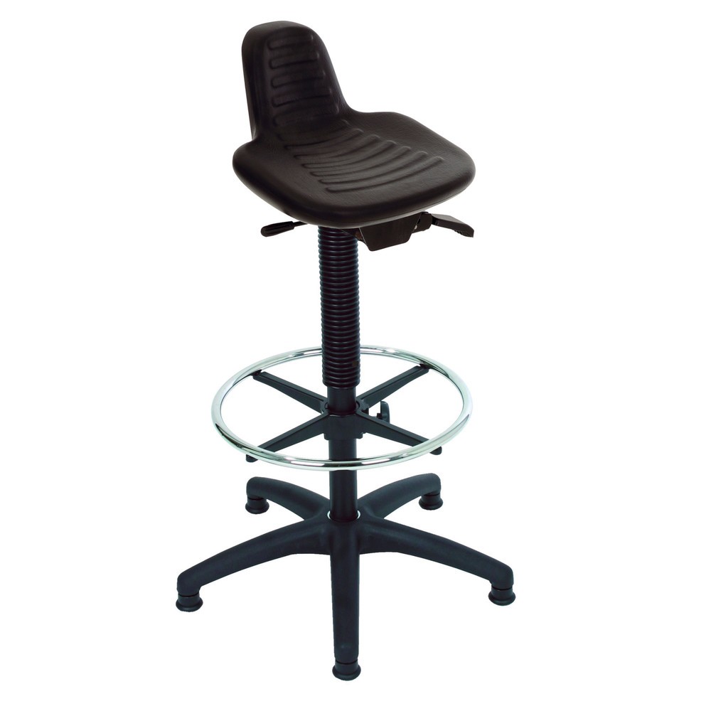 Illustration du produit: Siège assis-debout HEMMDAL, siège en PU avec dossier + poignée, hauteur d'assise 580-840 mm, anneau repose-pieds, patins