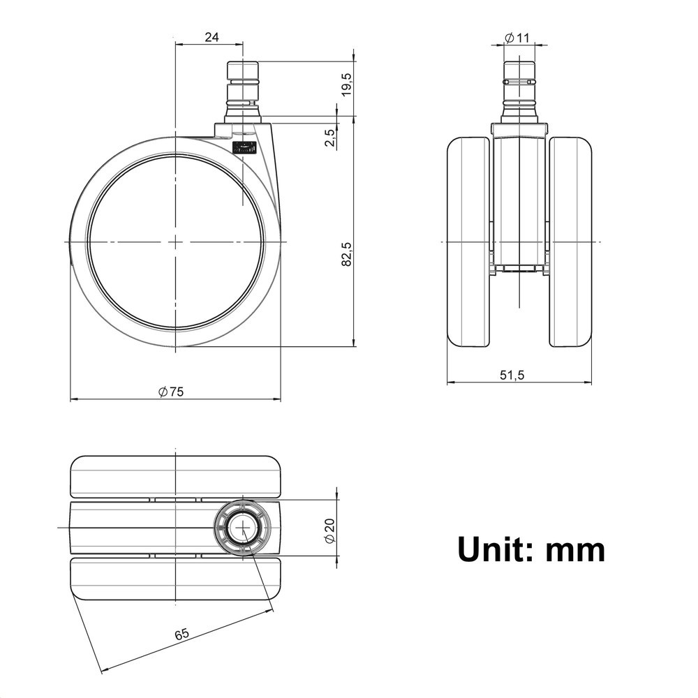 Numéro de l'image du produit 4: 5 roulettes pour sols durs hjh OFFICE ROLO anti-bruit 11 mm / 75 mm roulettes de chaise de bureau pour sols durs, (lot de 5)