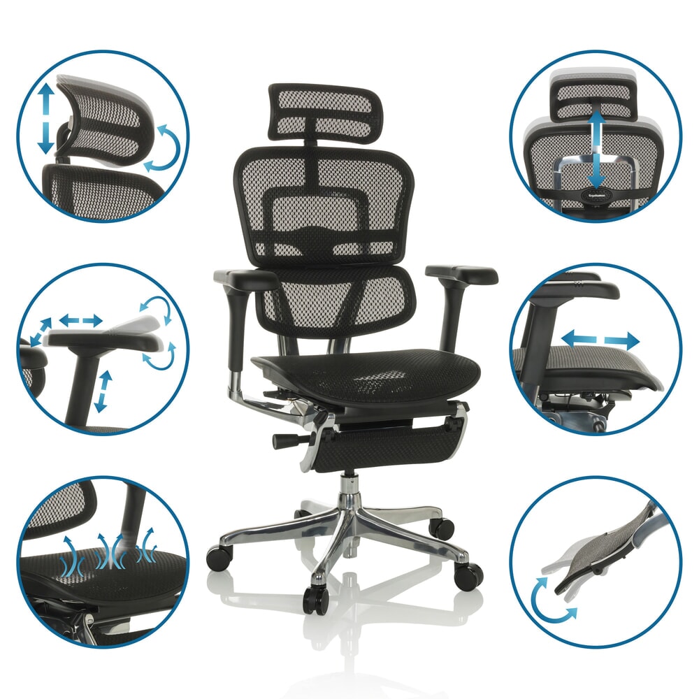 N° de l'image du produit 3 : Fauteuil de direction hjh OFFICE ERGOHUMAN PLUS LEGPRO GEN2, capacité de charge 150 kg, avec repose-jambes, tissu résille, coussin en tissu 480 - 580 mm, noir