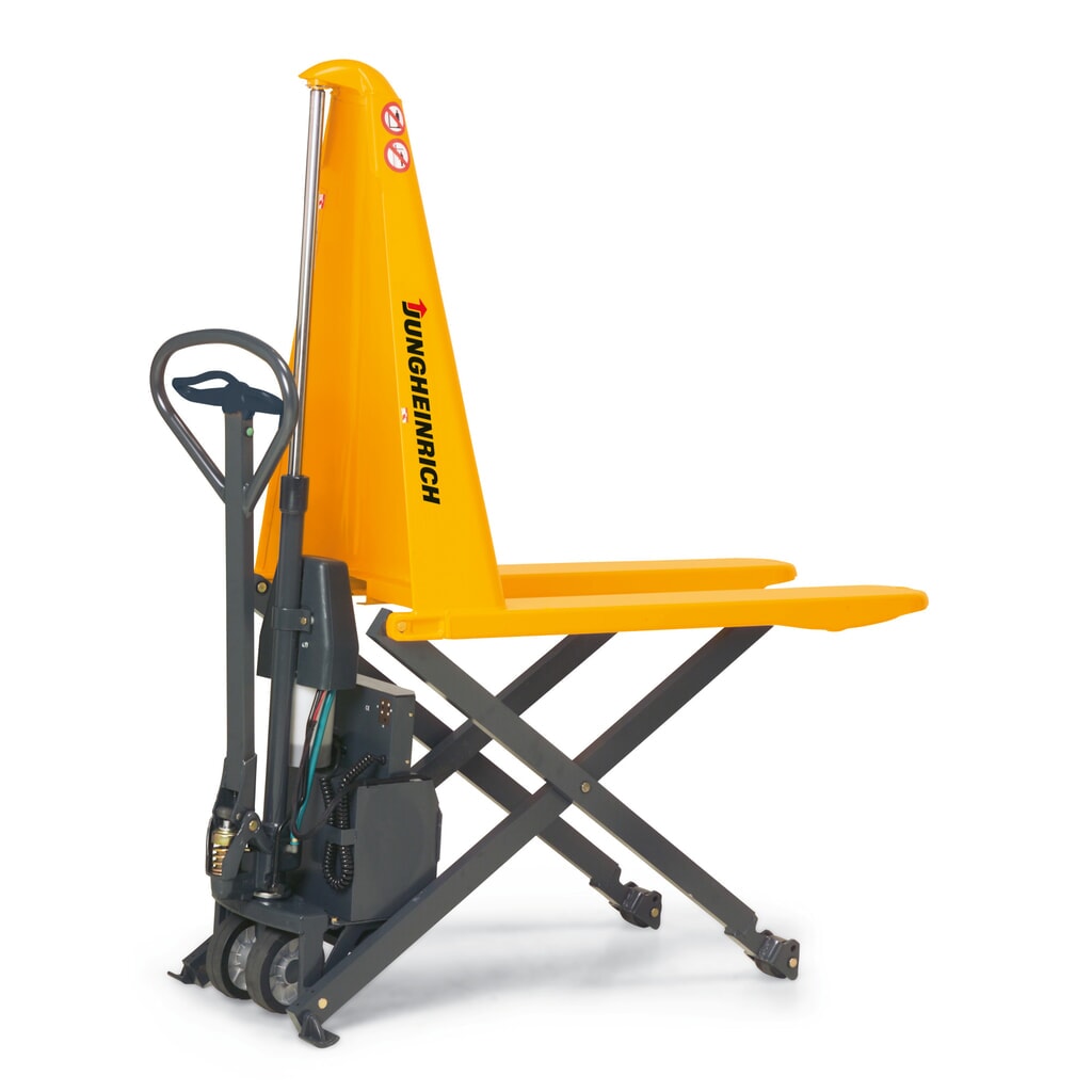 N° de l'image du produit 1 : Transpalette à ciseaux Jungheinrich AMX 10e, électrohydraulique, capacité de charge 1 000 kg, largeur spéciale des fourches de 680 mm, longueur des fourches 1 150 mm, caoutchouc plein/nylon
