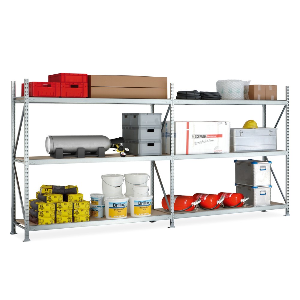 Numéro de l'image du produit 1: Pack complet rayonnage grande portée META, avec panneaux de particules, charge par tablette 600 kg, H x l x P 2 200 x 3 600 x 650 mm