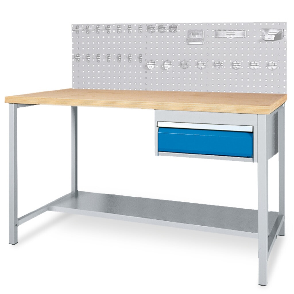 Illustration du produit: Kit complet de table d’établi avec tiroir + paroi arrière en panneaux perforés + assortiment de crochets Bedrunka+Hirth, H x l x P 1 310 x 1 500 x 750 mm