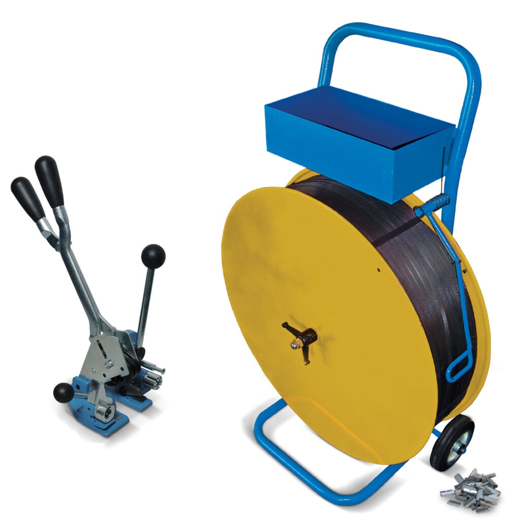 Kit de cerclage Komfort pour feuillard PET et PP, pour largeur de feuillard 13 mm Illustration du produit: Kit de cerclage Komfort pour feuillard PET et PP, pour largeur de feuillard 13 mm