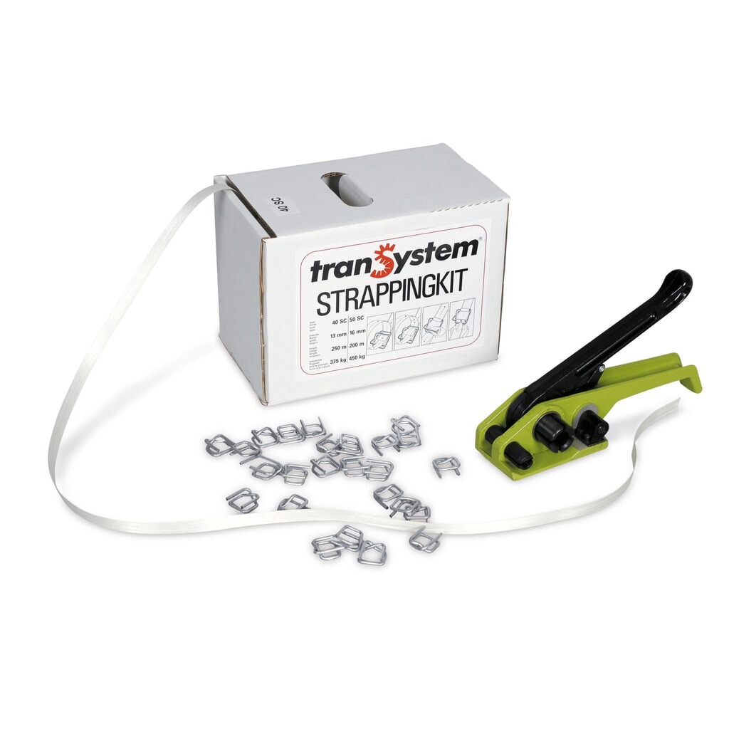 Kit de cerclage débutant pour feuillard en PET, pour largeur de feuillard 13 mm Illustration du produit: Kit de cerclage débutant pour feuillard en PET, pour largeur de feuillard 13 mm