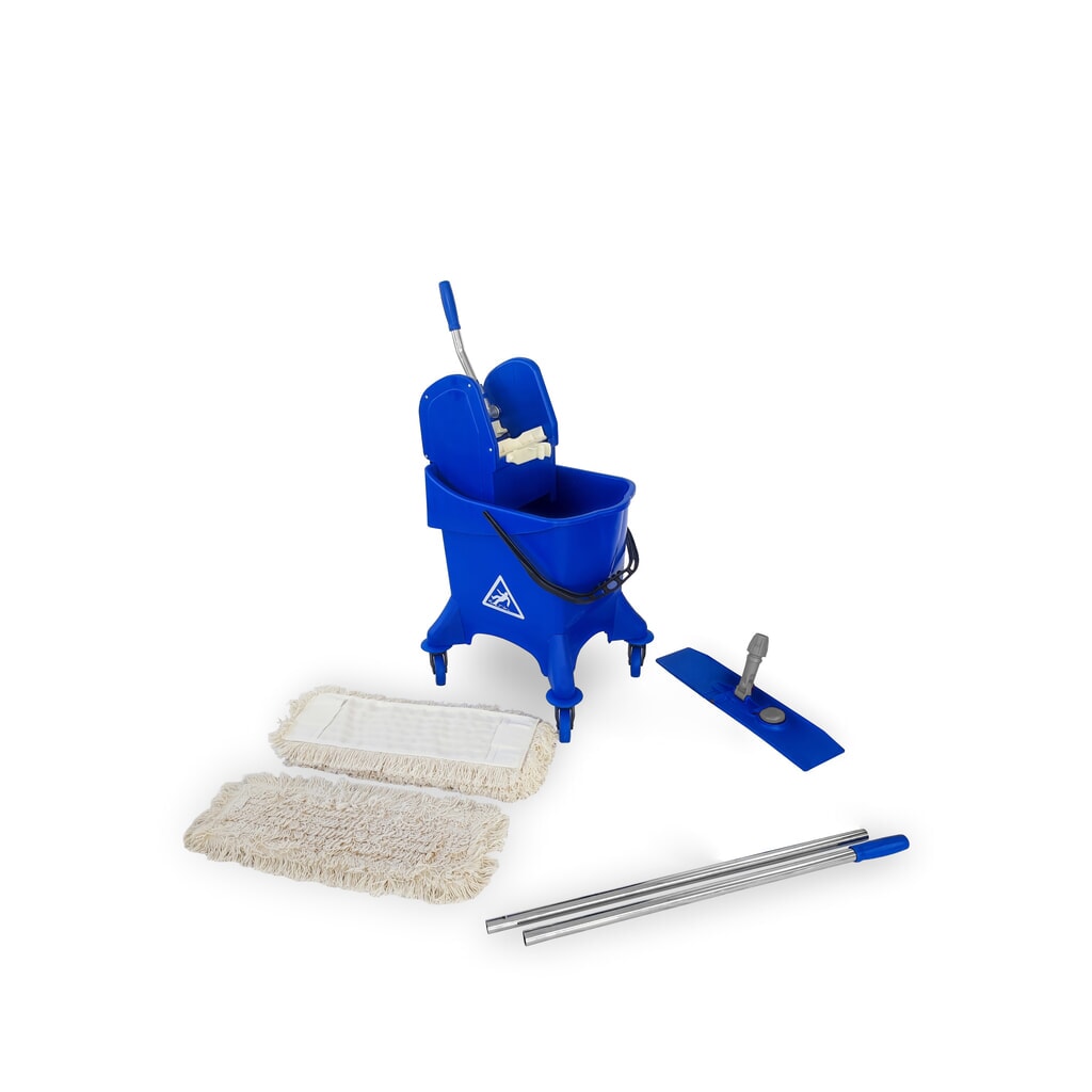 N° de l'image du produit 2 : Kit de démarrage pour chariot de nettoyage Steinbock®, seau simple sur roulettes de 30 litres, 5 serpillières en coton de 400 mm, manche chromé en 2 parties et support pliant