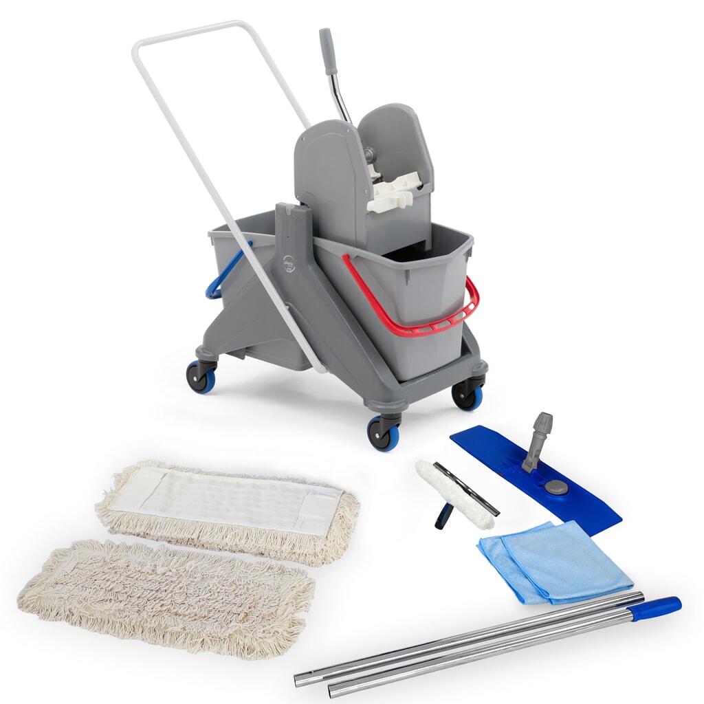 Kit de démarrage professionnel pour chariot de nettoyage Steinbock®, seau double sur roulettes de 2x 15 litres, 5 serpillières en coton de 500 mm, manche chromé en 2 parties, support pliant, 2x chiffons en microfibre et un essuie-vitre combiné Illustration du produit: Kit de démarrage professionnel pour chariot de nettoyage Steinbock®, seau double sur roulettes de 2x 15 litres, 5 serpillières en coton de 500 mm, manche chromé en 2 parties, support pliant, 2x chiffons en microfibre et un essuie-vitre combiné