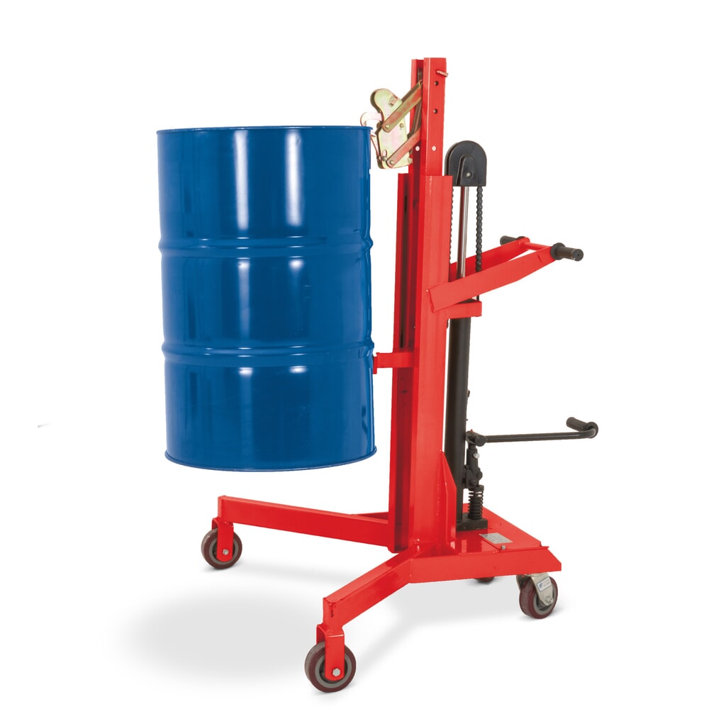 Lève-fûts à pédale, prise frontale, hauteur de levée 500 mm, capacité de charge 450 kg, RAL 3020 rouge signalisation Illustration du produit: Lève-fûts à pédale, prise frontale, hauteur de levée 500 mm, capacité de charge 450 kg, RAL 3020 rouge signalisation