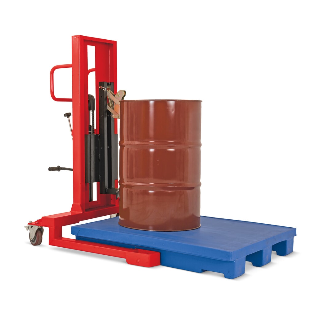 Lève-fûts à pédale, prise frontale, hauteur de levée 750 mm, capacité de charge 350 kg, RAL 3020 rouge signalisation Illustration du produit: Lève-fûts à pédale, prise frontale, hauteur de levée 750 mm, capacité de charge 350 kg, RAL 3020 rouge signalisation