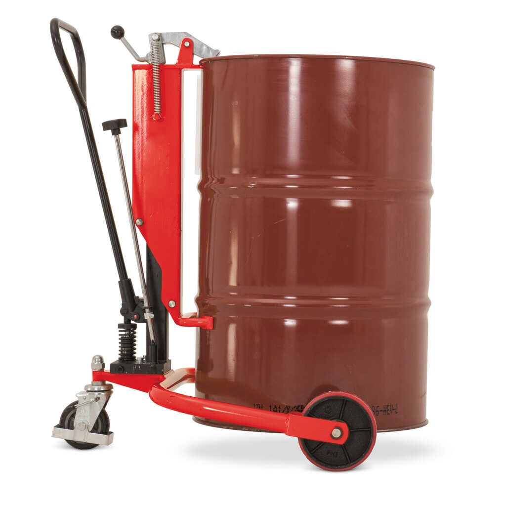 Lève-fûts avec levée de timon, hauteur de levée 200 mm, capacité de charge 250 kg, RAL 3020 rouge signalisation Illustration du produit: Lève-fûts avec levée de timon, hauteur de levée 200 mm, capacité de charge 250 kg, RAL 3020 rouge signalisation