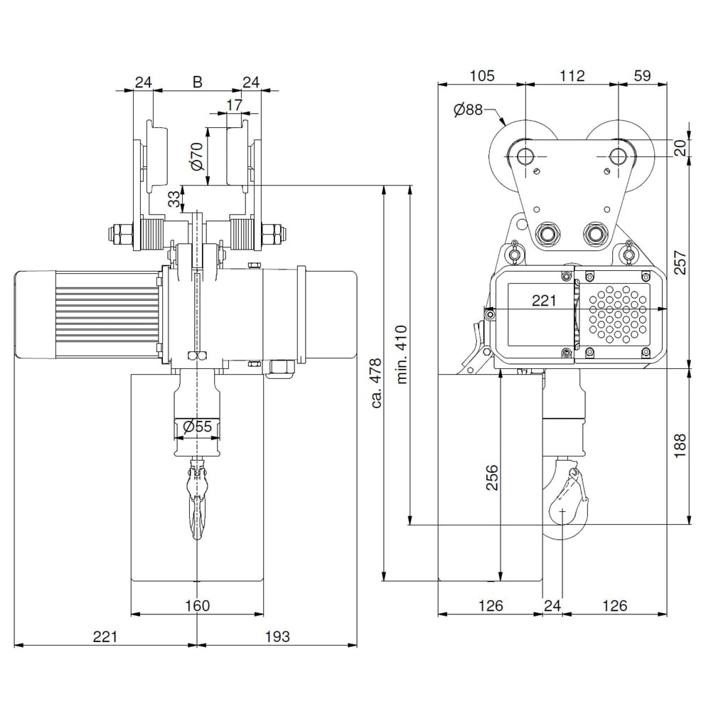 N° de l'image du produit 7 : LIFTKET Palan à chaîne électrique S-Line avec mécanisme de déplacement manuel, capacité de charge 250 kg, 8/2 m/min