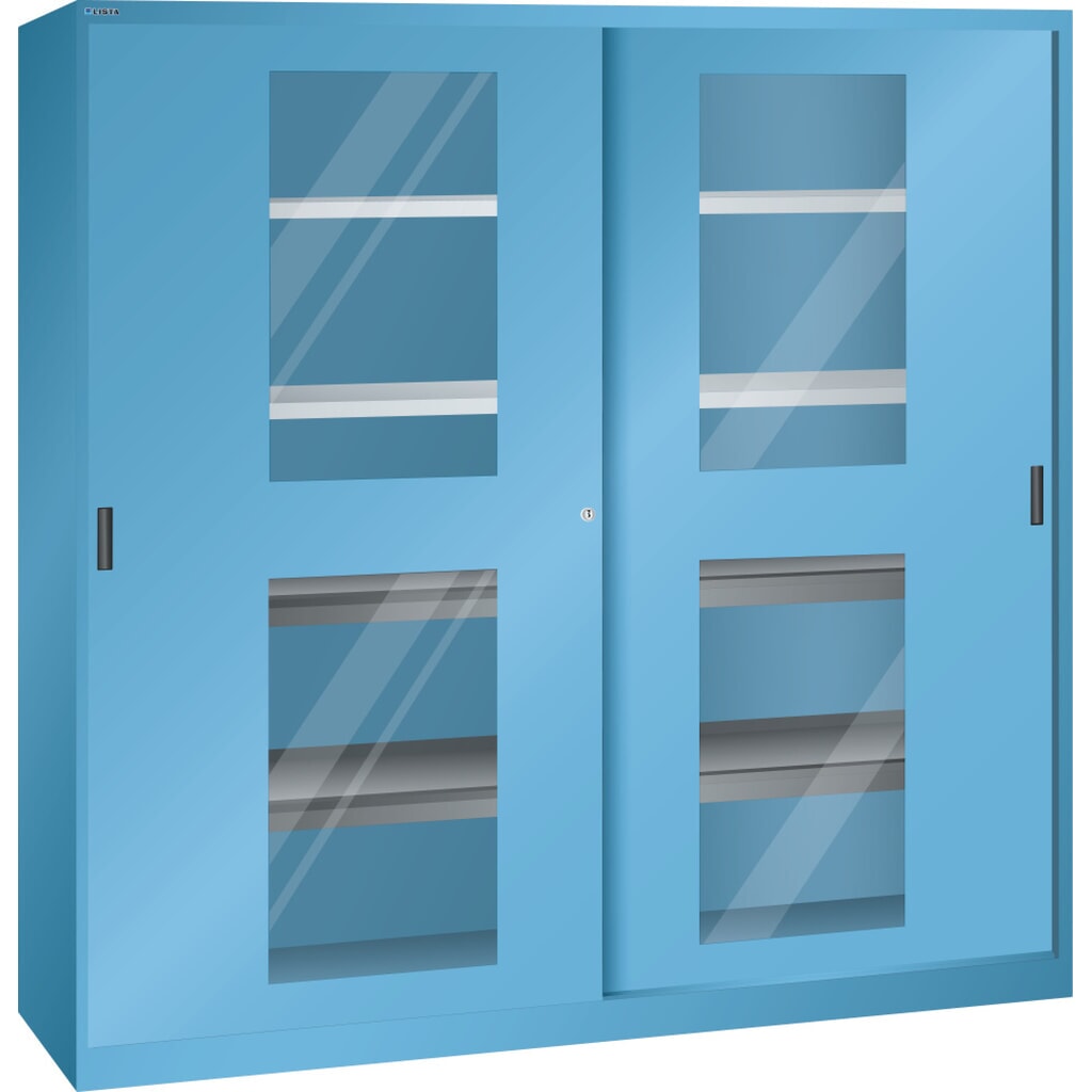 Illustration du produit: Armoire à portes coulissantes LISTA, (lxPxH) 2 000x580x1 950 mm, 4 rayons extensibles, 4 étagères réglables, vitre transparente, bleu clair