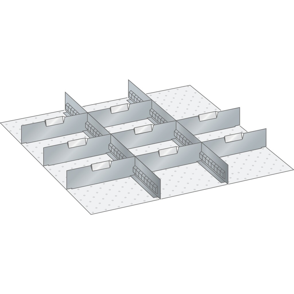 Jeu de parois à fentes et de plaquettes de séparation LISTA 36x36E, (lxP) 612x612 mm, 2 parois à fentes, 8 plaquettes de séparation, hauteur de façade 75 mm Illustration du produit: Jeu de parois à fentes et de plaquettes de séparation LISTA 36x36E, (lxP) 612x612 mm, 2 parois à fentes, 8 plaquettes de séparation, hauteur de façade 75 mm