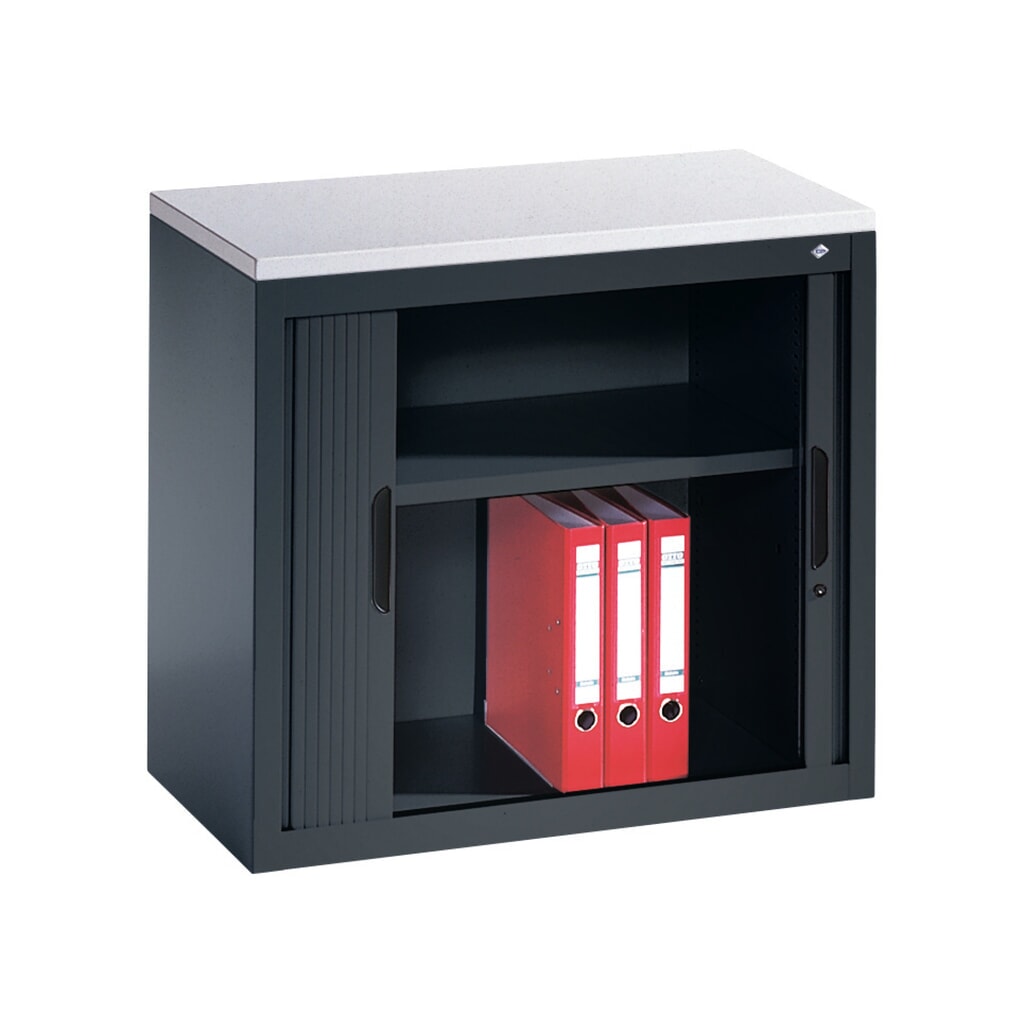 N° de l'image du produit 2 : Meuble à volet roulant transversal C+P, 1 1/2 hauteur de classeur, largeur 800 mm, gris noir, Gris clair