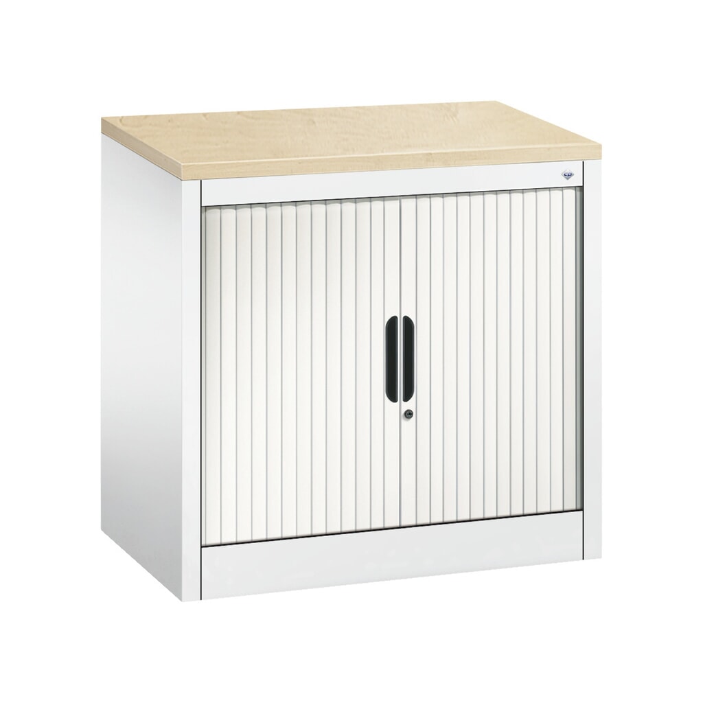Meuble à volet roulant transversal C+P, 1 1/2 hauteur de classeur, largeur 800 mm, blanc pur, Érable Illustration du produit: Meuble à volet roulant transversal C+P, 1 1/2 hauteur de classeur, largeur 800 mm, blanc pur, Érable