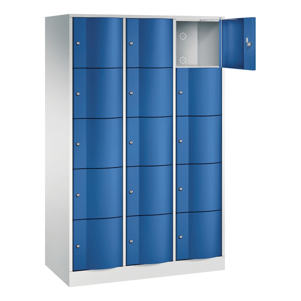 N° de l'image du produit 3 : Meuble coffre-fort C+P avec portes « anti-vandalisme », 3 x 5 compartiments, H x l x P 1 950 x 1 150 x 540 mm, gris clair, bleu gentiane