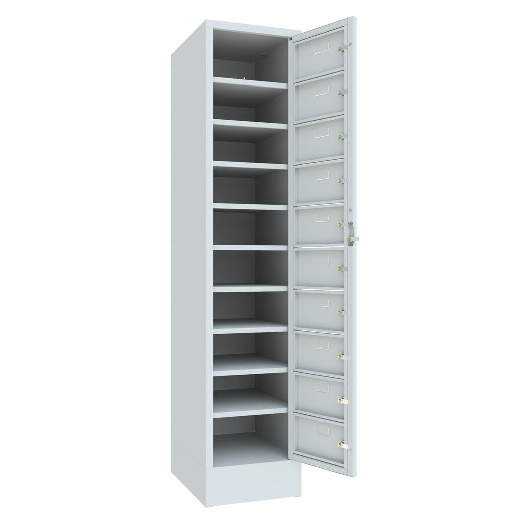 Meuble coffre-fort PAVOY avec porte centrale, 1 x 10 compartiments, H x l x P 1 850 x 400 x 500 mm, avec socle, gris clair, gris clair N° de l'image du produit 3 : Meuble coffre-fort PAVOY avec porte centrale, 1 x 10 compartiments, H x l x P 1 850 x 400 x 500 mm, avec socle, gris clair, gris clair