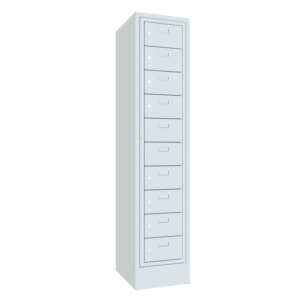 Meuble coffre-fort PAVOY avec porte centrale, 1 x 10 compartiments, H x l x P 1 850 x 400 x 500 mm, avec socle, gris clair, gris clair N° de l'image du produit 1 : Meuble coffre-fort PAVOY avec porte centrale, 1 x 10 compartiments, H x l x P 1 850 x 400 x 500 mm, avec socle, gris clair, gris clair