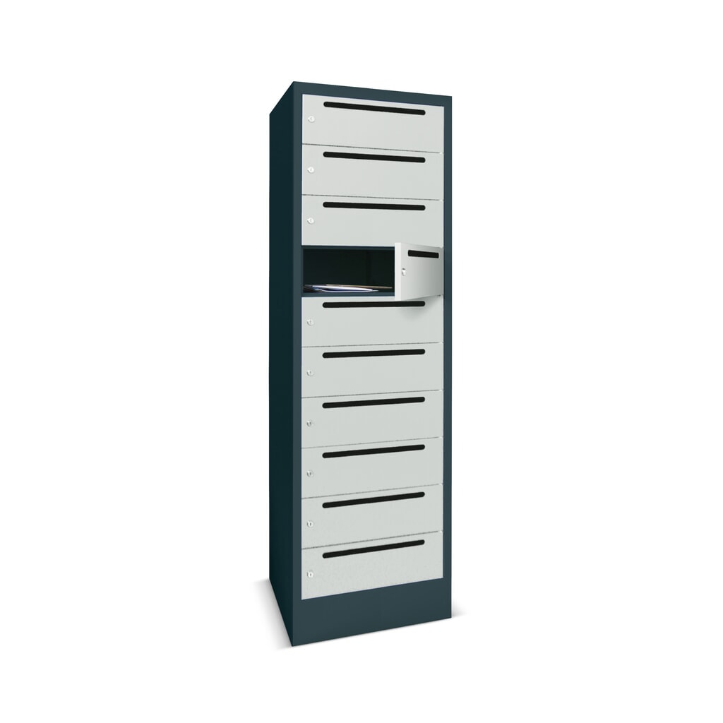 Meuble de tri du courrier PAVOY, 1 x 10 compartiments, H x l x P 1 850 x 330 x 500 mm, gris anthracite, gris anthracite N° de l'image du produit 1 : Meuble de tri du courrier PAVOY, 1 x 10 compartiments, H x l x P 1 850 x 330 x 500 mm, gris anthracite, gris anthracite