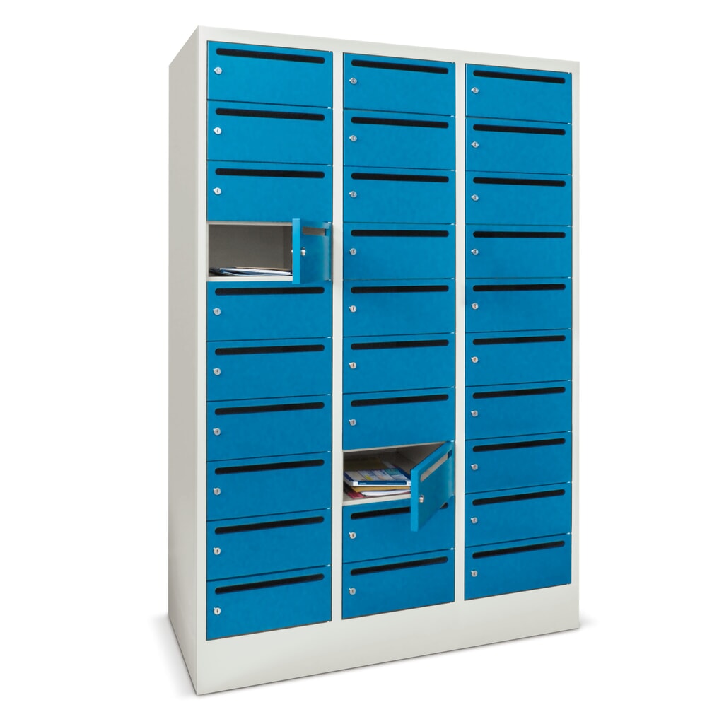 N° de l'image du produit 1 : Meuble de tri du courrier PAVOY, 3 x 10 compartiments, H x l x P 1 850 x 930 x 500 mm, bleu clair, gris clair