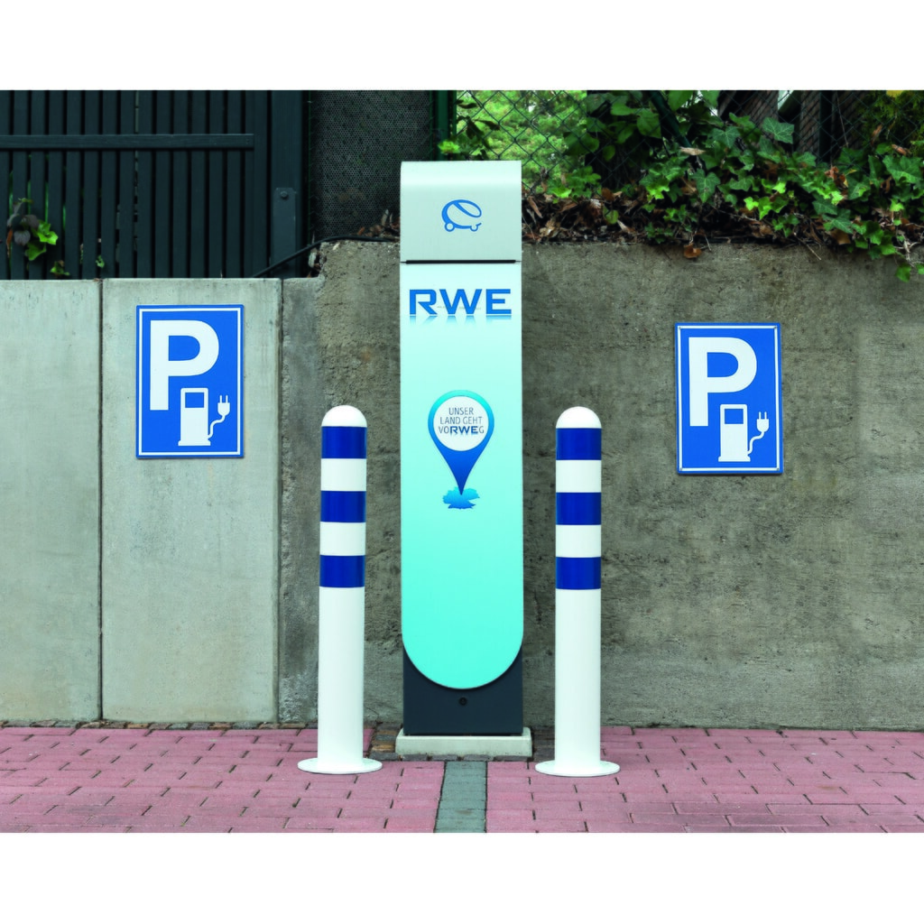 Borne de protection pour colonnes de recharge II MORAVIA, Ø 108 mm, hauteur 800 mm, à cheviller au sol, acier, revêtement plastique, anneaux réfléchissants rouges N° de l'image du produit 5 : Borne de protection pour colonnes de recharge II MORAVIA, Ø 108 mm, hauteur 800 mm, à cheviller au sol, acier, revêtement plastique, anneaux réfléchissants rouges