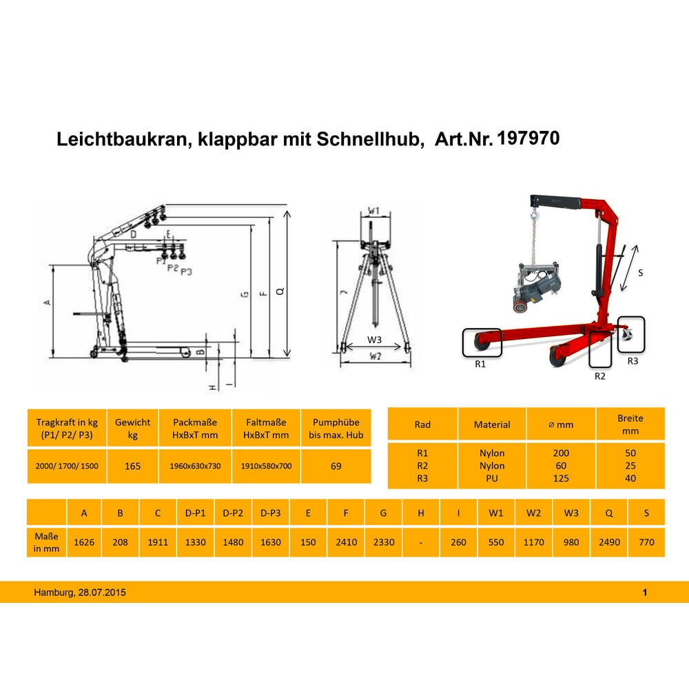 Numéro de l'image du produit 3: Palan d’atelier avec châssis écarté et levée rapide, rabattable, capacité de charge 1 500-2 000 kg, RAL 3020 rouge signalisation