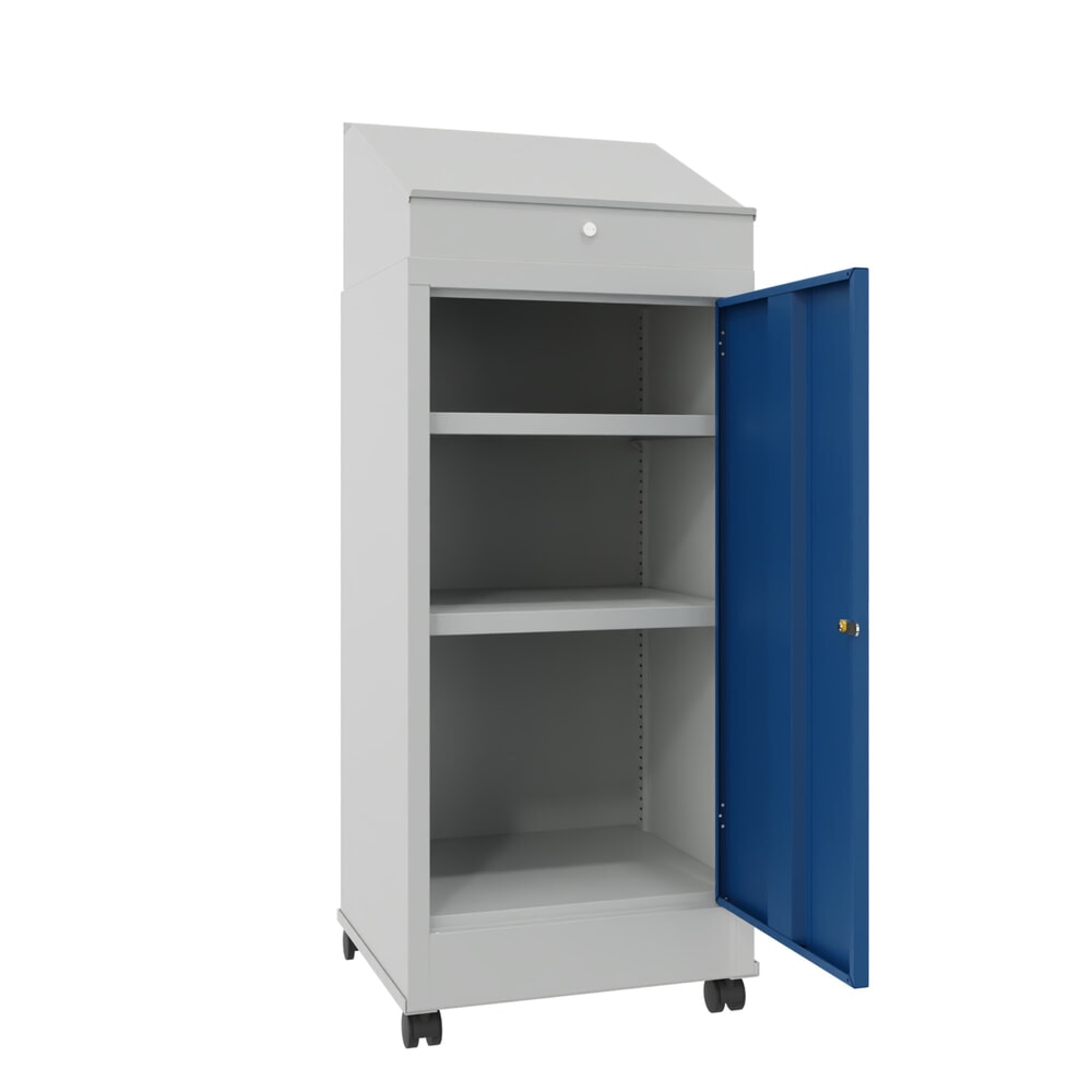 N° de l'image du produit 2 : PAVOY pupitre industriel, mobile, H x l x P 1  330 x 500 x 500 mm, 2 tablettes, gris clair, bleu gentiane
