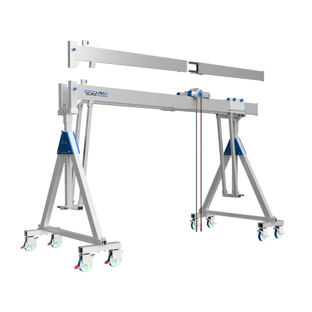 N° de l'image du produit 1 : Portique de levage en alu avec double traverse divisible, mobile, point d’accrochage 2 613-3 363 mm, capacité de charge 3 000 kg