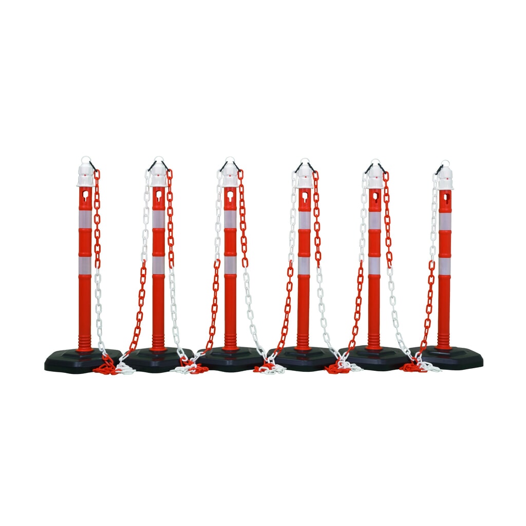 Potelet à chaîne en lot Premium, 4 potelets rouges/blancs, 3 chaînes de 3 m Illustration du produit: Potelet à chaîne en lot Premium, 4 potelets rouges/blancs, 3 chaînes de 3 m