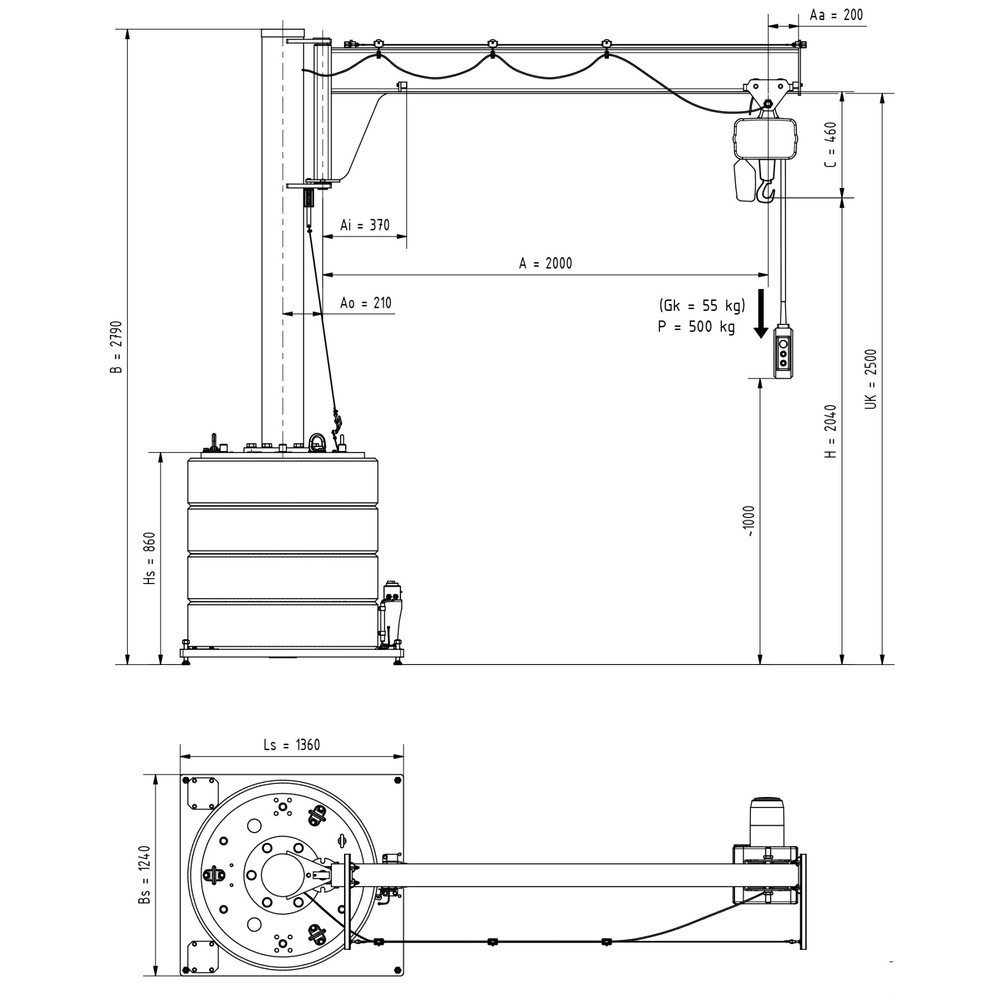 Numéro de l'image du produit 2: Potence VETTER®, palan électrique à chaîne LIFTKET inclus, plage de pivotement de 270°, portée 2 000 mm, capacité de charge 500 kg