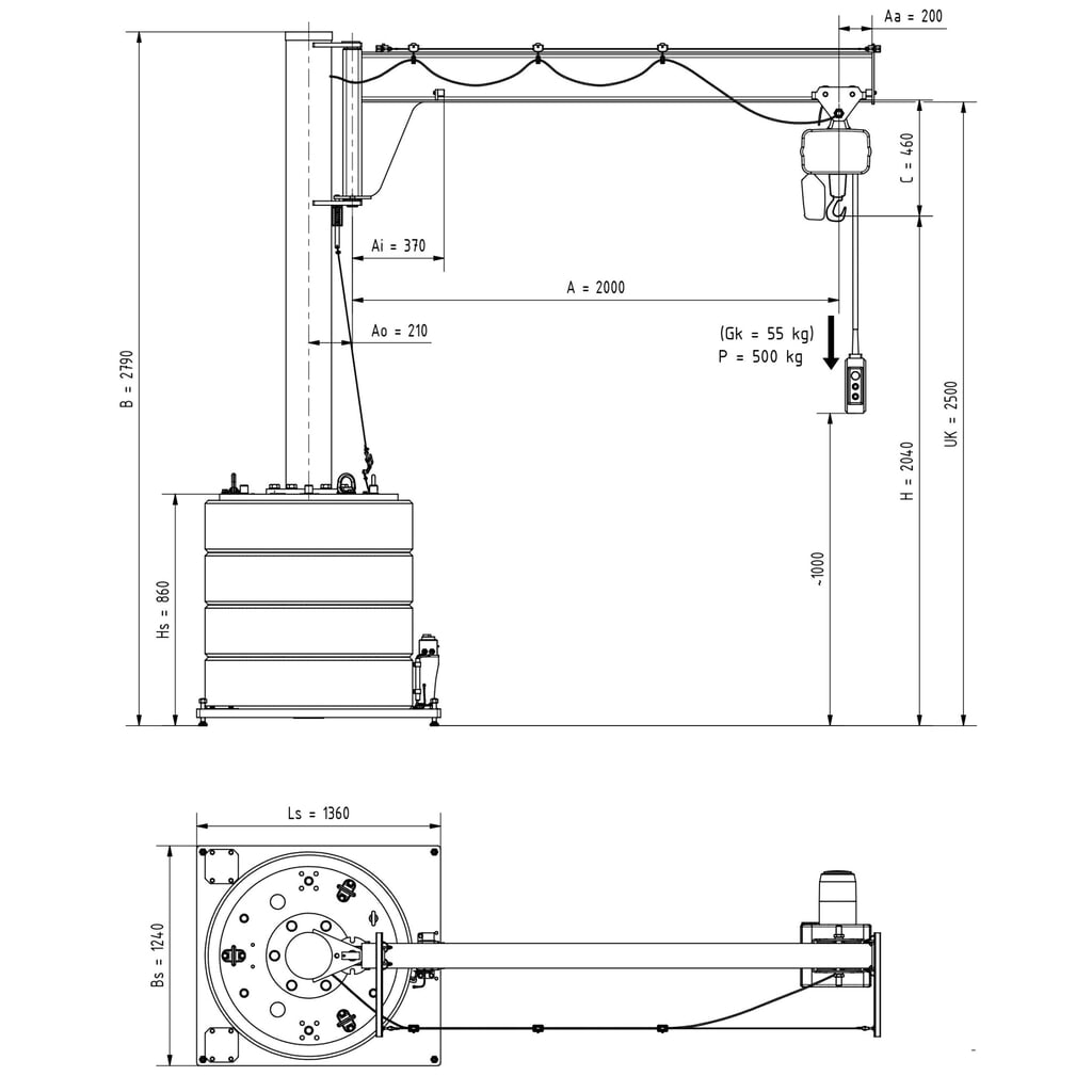Potence VETTER®, palan électrique à chaîne LIFTKET inclus, plage de pivotement de 270°, portée 2 000 mm, capacité de charge 500 kg N° de l'image du produit 3 : Potence VETTER®, palan électrique à chaîne LIFTKET inclus, plage de pivotement de 270°, portée 2 000 mm, capacité de charge 500 kg