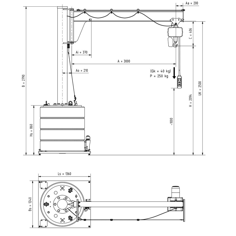 Numéro de l'image du produit 2: Potence VETTER®, palan électrique à chaîne LIFTKET inclus, plage de pivotement de 270°, portée 3 000 mm, capacité de charge 250 kg