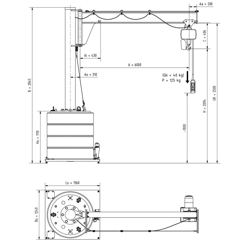 Numéro de l'image du produit 2: Potence VETTER®, palan électrique à chaîne LIFTKET inclus, plage de pivotement de 270°, portée 6 000 mm, capacité de charge 125 kg