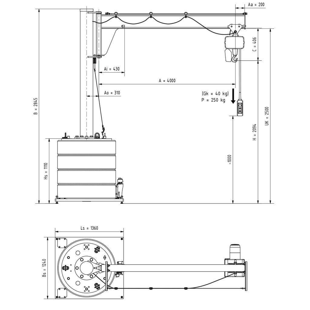 N° de l'image du produit 3 : Potence VETTER®, palan électrique à chaîne LIFTKET inclus, plage de pivotement de 270°, portée 4 000 mm, capacité de charge 250 kg