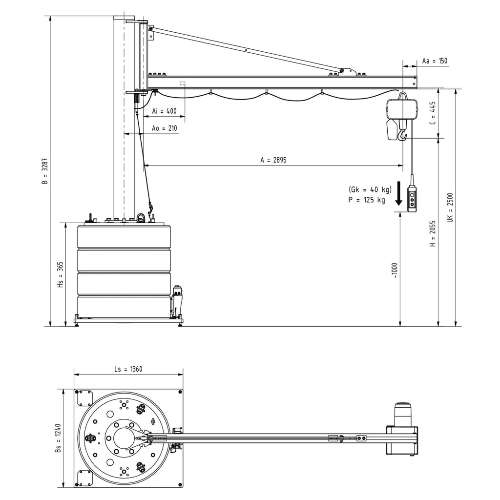Potence VETTER®, palan électrique à chaîne LIFTKET inclus, plage de pivotement de 270°, portée 2 900 mm, capacité de charge 125 kg N° de l'image du produit 3 : Potence VETTER®, palan électrique à chaîne LIFTKET inclus, plage de pivotement de 270°, portée 2 900 mm, capacité de charge 125 kg