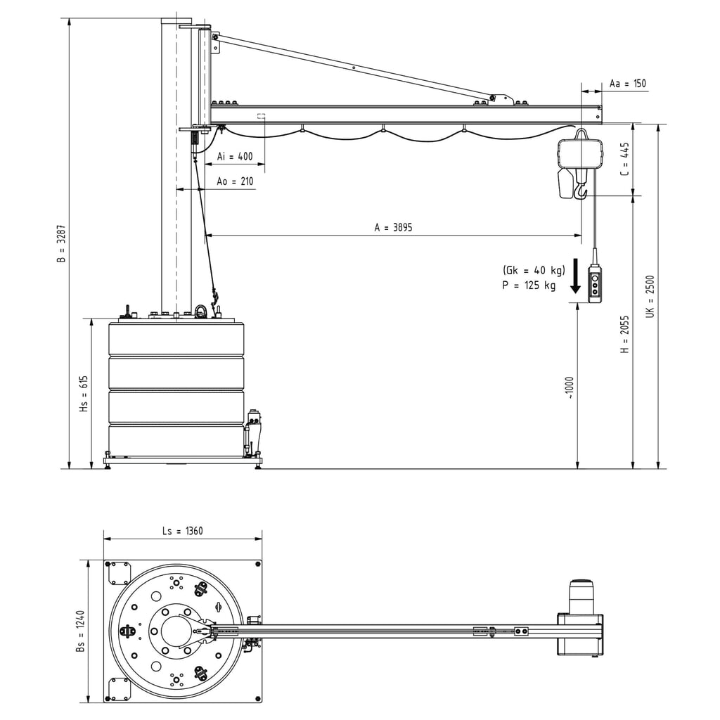 Potence VETTER®, palan électrique à chaîne LIFTKET inclus, plage de pivotement de 270°, portée 3 900 mm, capacité de charge 125 kg N° de l'image du produit 3 : Potence VETTER®, palan électrique à chaîne LIFTKET inclus, plage de pivotement de 270°, portée 3 900 mm, capacité de charge 125 kg