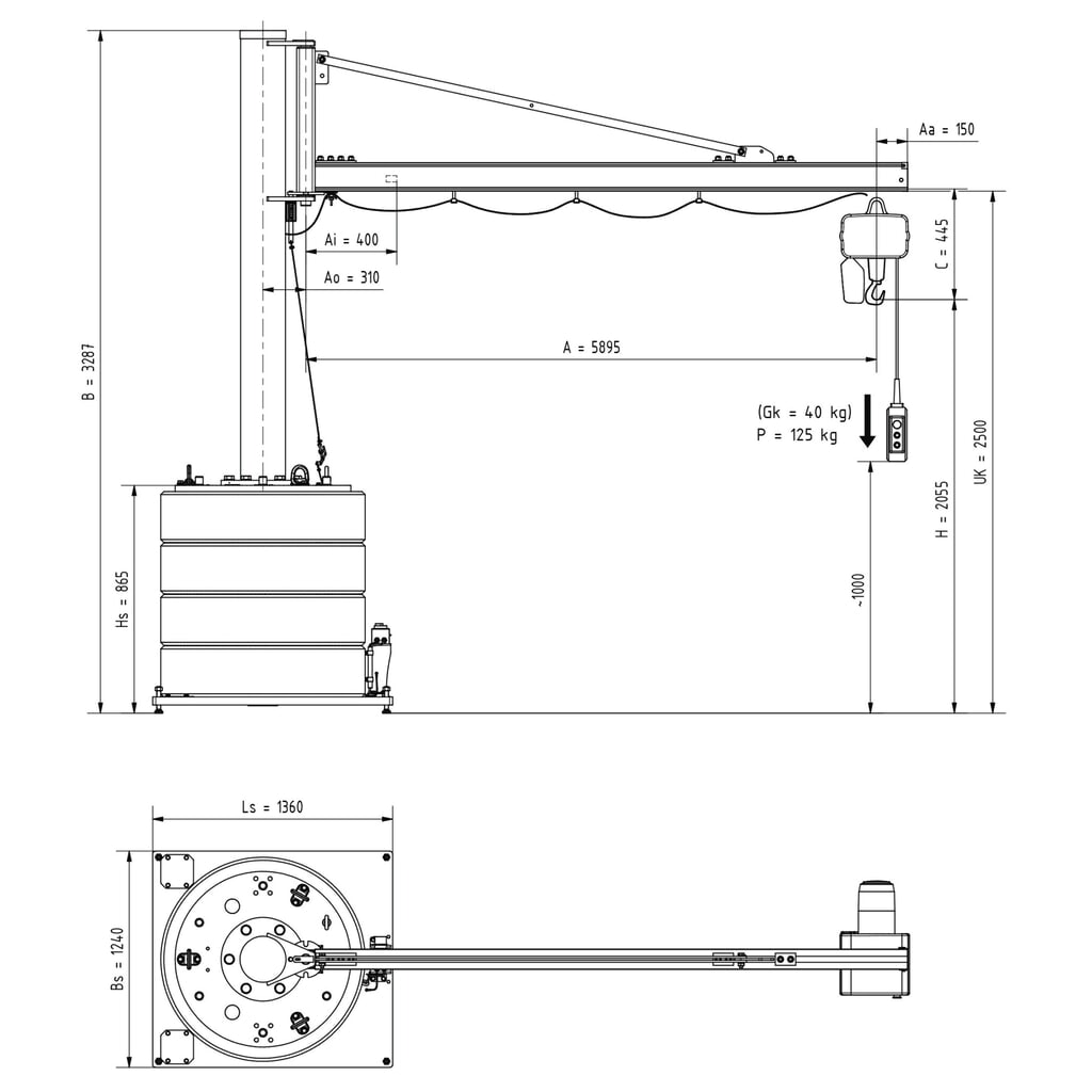 Potence VETTER®, palan électrique à chaîne LIFTKET inclus, plage de pivotement de 270°, portée 5 900 mm, capacité de charge 125 kg N° de l'image du produit 3 : Potence VETTER®, palan électrique à chaîne LIFTKET inclus, plage de pivotement de 270°, portée 5 900 mm, capacité de charge 125 kg