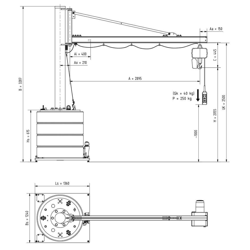 N° de l'image du produit 3 : Potence VETTER®, palan électrique à chaîne LIFTKET inclus, plage de pivotement de 270°, portée 2 900 mm, capacité de charge 250 kg