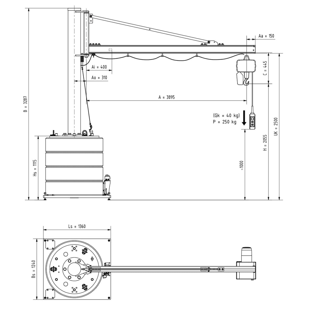 N° de l'image du produit 3 : Potence VETTER®, palan électrique à chaîne LIFTKET inclus, plage de pivotement de 270°, portée 3 900 mm, capacité de charge 250 kg