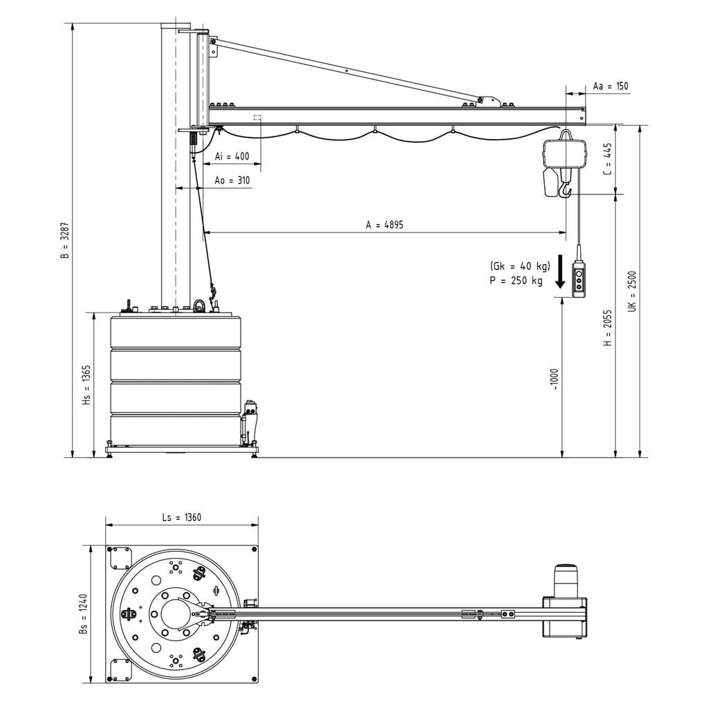 Potence VETTER®, palan électrique à chaîne LIFTKET inclus, plage de pivotement de 270°, portée 4 900 mm, capacité de charge 250 kg N° de l'image du produit 3 : Potence VETTER®, palan électrique à chaîne LIFTKET inclus, plage de pivotement de 270°, portée 4 900 mm, capacité de charge 250 kg