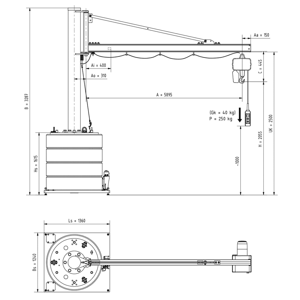 N° de l'image du produit 3 : Potence VETTER®, palan électrique à chaîne LIFTKET inclus, plage de pivotement de 270°, portée 5 900 mm, capacité de charge 250 kg