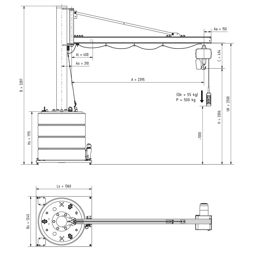 Potence VETTER®, palan électrique à chaîne LIFTKET inclus, plage de pivotement de 270°, portée 2 400 mm, capacité de charge 500 kg N° de l'image du produit 3 : Potence VETTER®, palan électrique à chaîne LIFTKET inclus, plage de pivotement de 270°, portée 2 400 mm, capacité de charge 500 kg