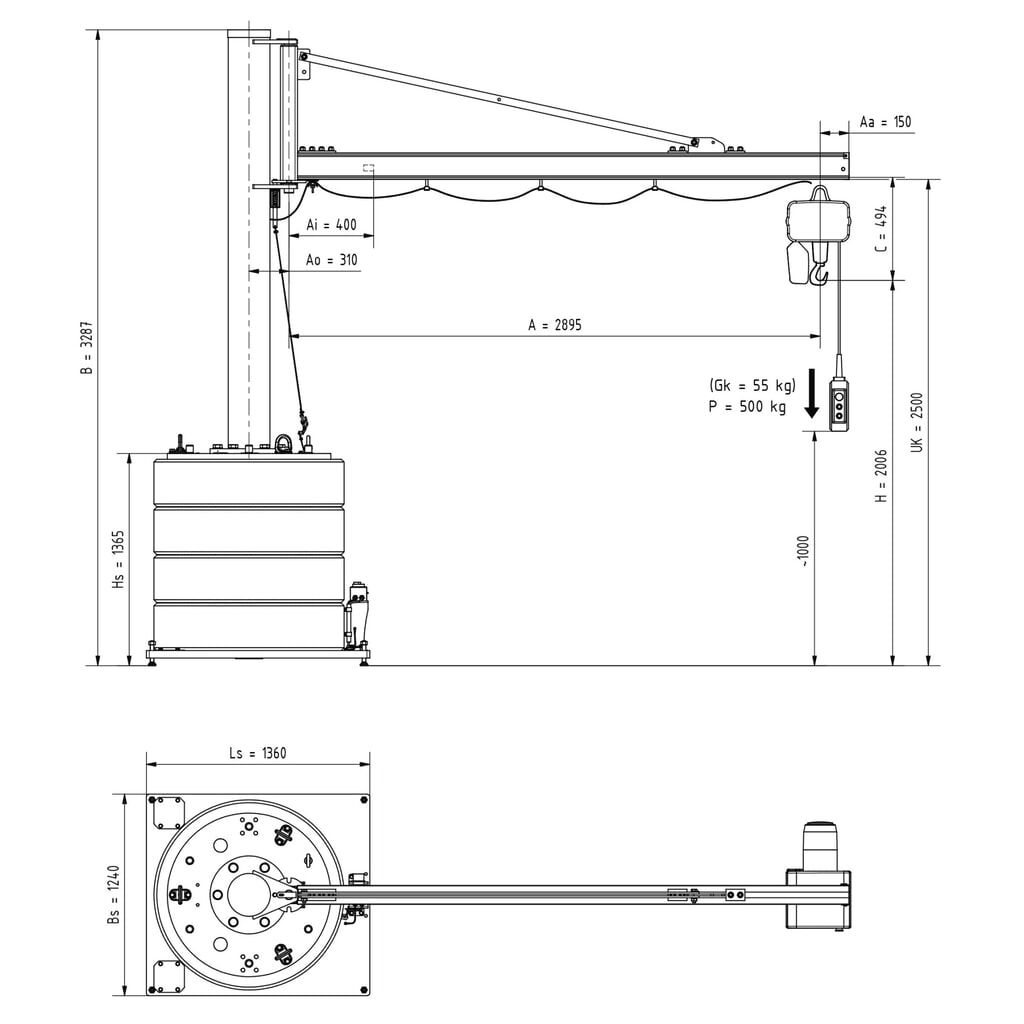 N° de l'image du produit 3 : Potence VETTER®, palan électrique à chaîne LIFTKET inclus, plage de pivotement de 270°, portée 2 900 mm, capacité de charge 500 kg