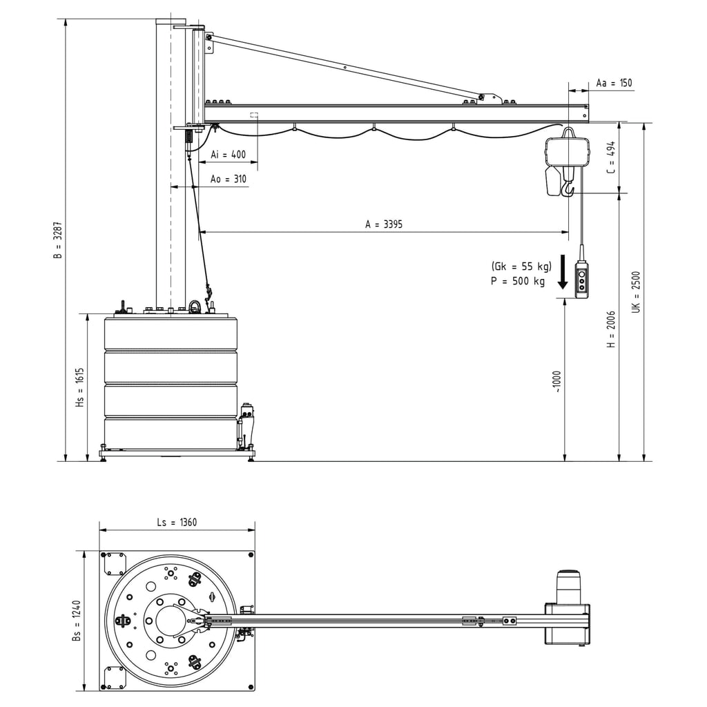 N° de l'image du produit 3 : Potence VETTER®, palan électrique à chaîne LIFTKET inclus, plage de pivotement de 270°, portée 3 400 mm, capacité de charge 500 kg