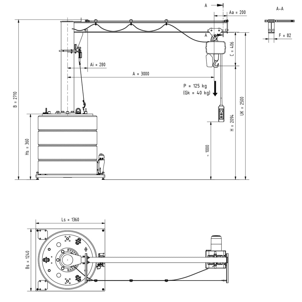 Potence VETTER®, palan électrique à chaîne électrique LIFTKET inclus, version mobile, plage de pivotement de 360°, portée 3 000 mm, capacité de charge 125 kg N° de l'image du produit 2 : Potence VETTER®, palan électrique à chaîne électrique LIFTKET inclus, version mobile, plage de pivotement de 360°, portée 3 000 mm, capacité de charge 125 kg