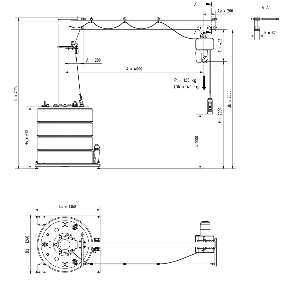 N° de l'image du produit 2 : Potence VETTER®, palan électrique à chaîne électrique LIFTKET inclus, version mobile, plage de pivotement de 360°, portée 4 000 mm, capacité de charge 125 kg