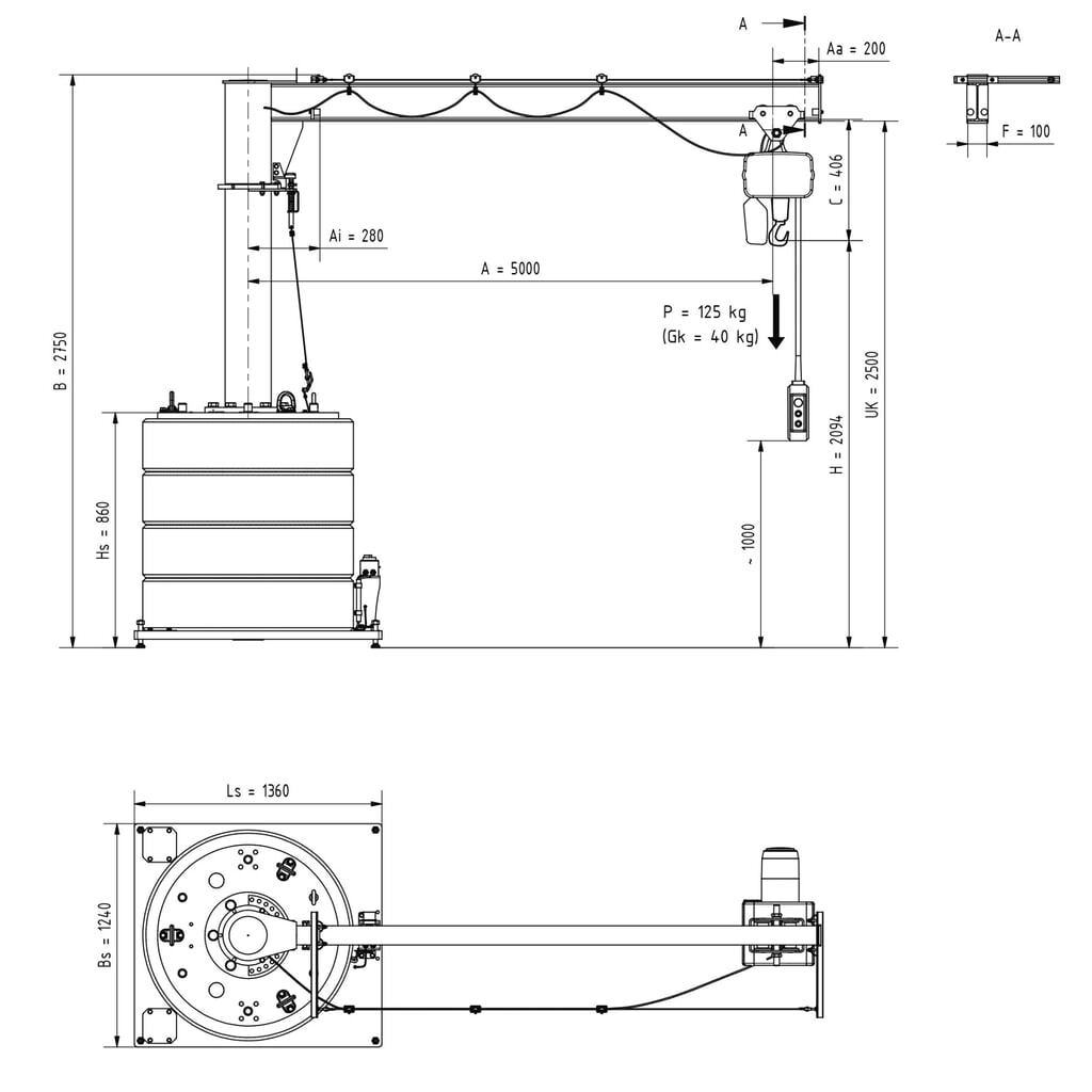 N° de l'image du produit 2 : Potence VETTER®, palan électrique à chaîne électrique LIFTKET inclus, version mobile, plage de pivotement de 360°, portée 5 000 mm, capacité de charge 125 kg