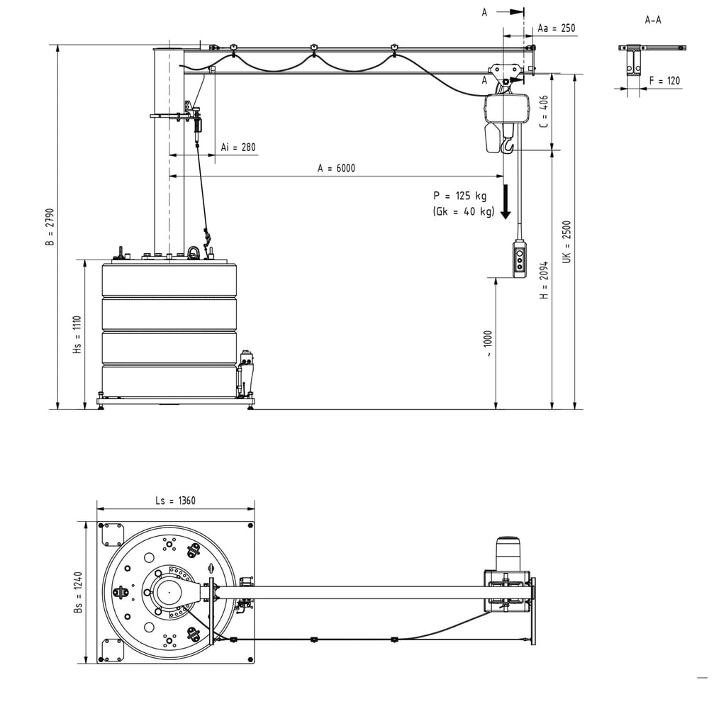 Potence VETTER®, palan électrique à chaîne électrique LIFTKET inclus, version mobile, plage de pivotement de 360°, portée 6 000 mm, capacité de charge 125 kg N° de l'image du produit 2 : Potence VETTER®, palan électrique à chaîne électrique LIFTKET inclus, version mobile, plage de pivotement de 360°, portée 6 000 mm, capacité de charge 125 kg