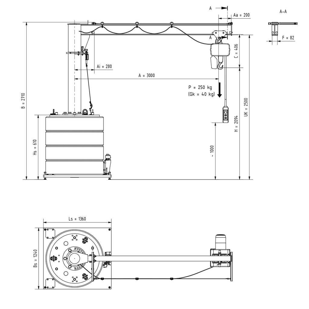 N° de l'image du produit 2 : Potence VETTER®, palan électrique à chaîne électrique LIFTKET inclus, version mobile, plage de pivotement de 360°, portée 3 000 mm, capacité de charge 250 kg