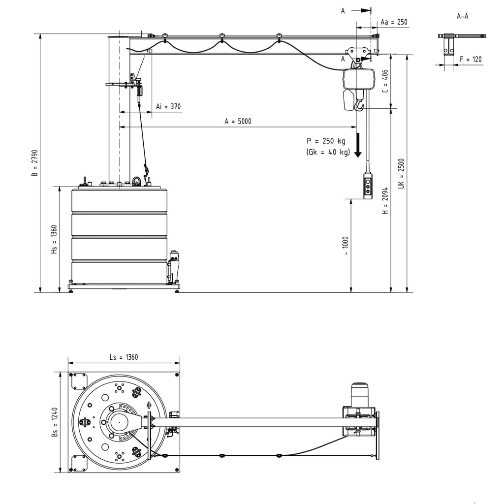 Potence VETTER®, palan électrique à chaîne électrique LIFTKET inclus, version mobile, plage de pivotement de 360°, portée 5 000 mm, capacité de charge 250 kg N° de l'image du produit 2 : Potence VETTER®, palan électrique à chaîne électrique LIFTKET inclus, version mobile, plage de pivotement de 360°, portée 5 000 mm, capacité de charge 250 kg